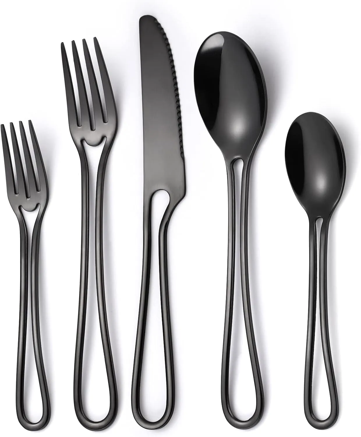 Black Silverware Set for 8, Modern 40 Piece Flatware Stainless Steel Hanging Fine Utensils Cutlery Set,Tableware include Knife Fork Spoon for Family Gatherings & Daily Use Wedding (Hollow Out Handle)