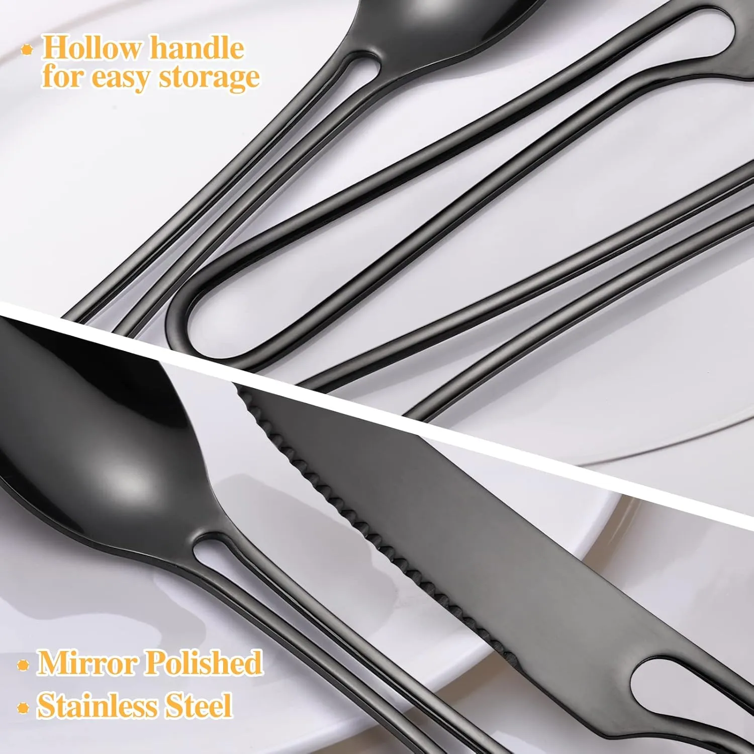 Black Silverware Set for 8, Modern 40 Piece Flatware Stainless Steel Hanging Fine Utensils Cutlery Set,Tableware include Knife Fork Spoon for Family Gatherings & Daily Use Wedding (Hollow Out Handle)