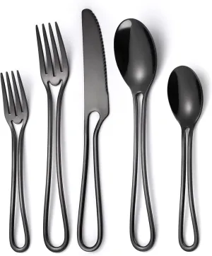 Black Silverware Set for 8, Modern 40 Piece Flatware Stainless Steel Hanging Fine Utensils Cutlery Set,Tableware include Knife Fork Spoon for Family Gatherings & Daily Use Wedding (Hollow Out Handle)