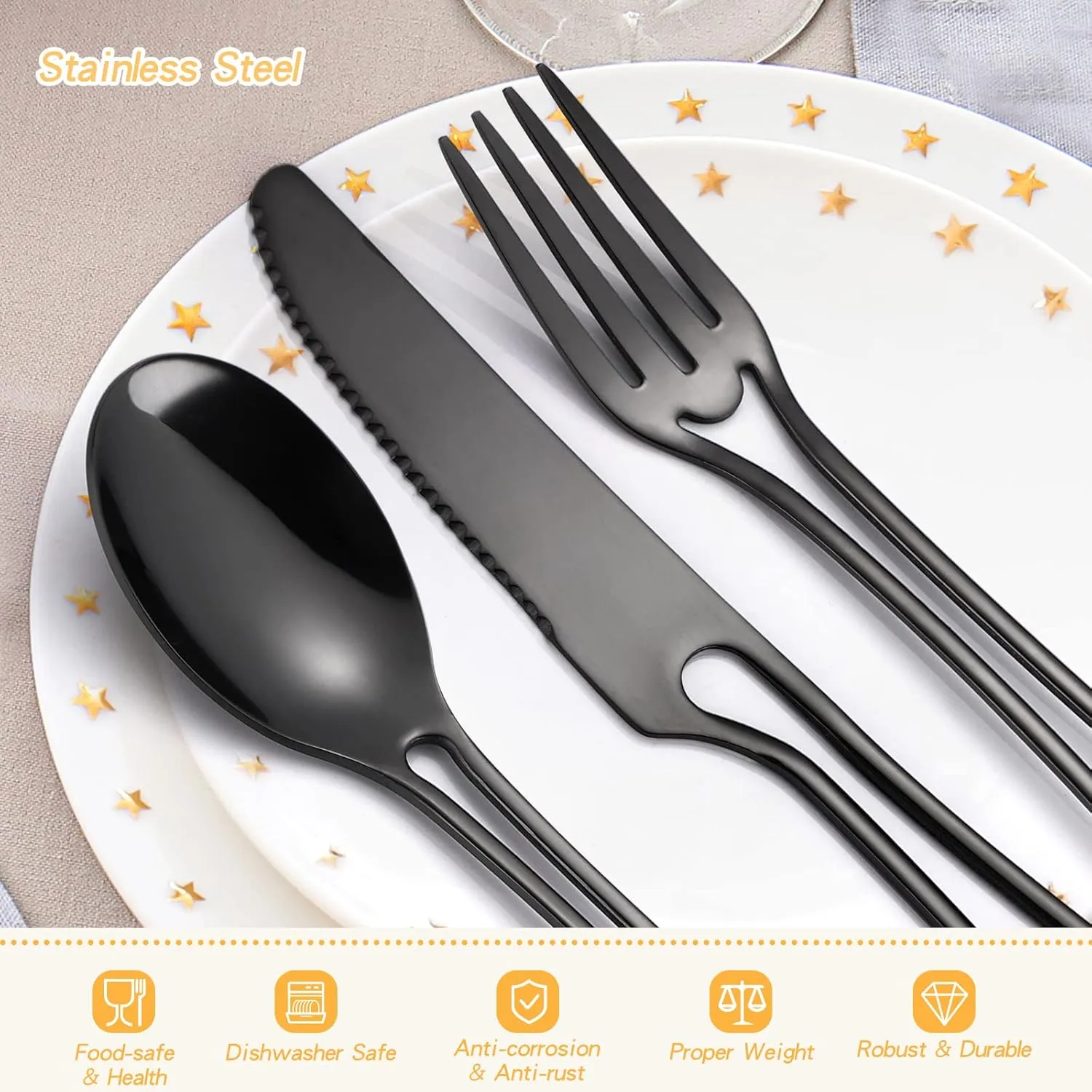 Black Silverware Set for 8, Modern 40 Piece Flatware Stainless Steel Hanging Fine Utensils Cutlery Set,Tableware include Knife Fork Spoon for Family Gatherings & Daily Use Wedding (Hollow Out Handle)