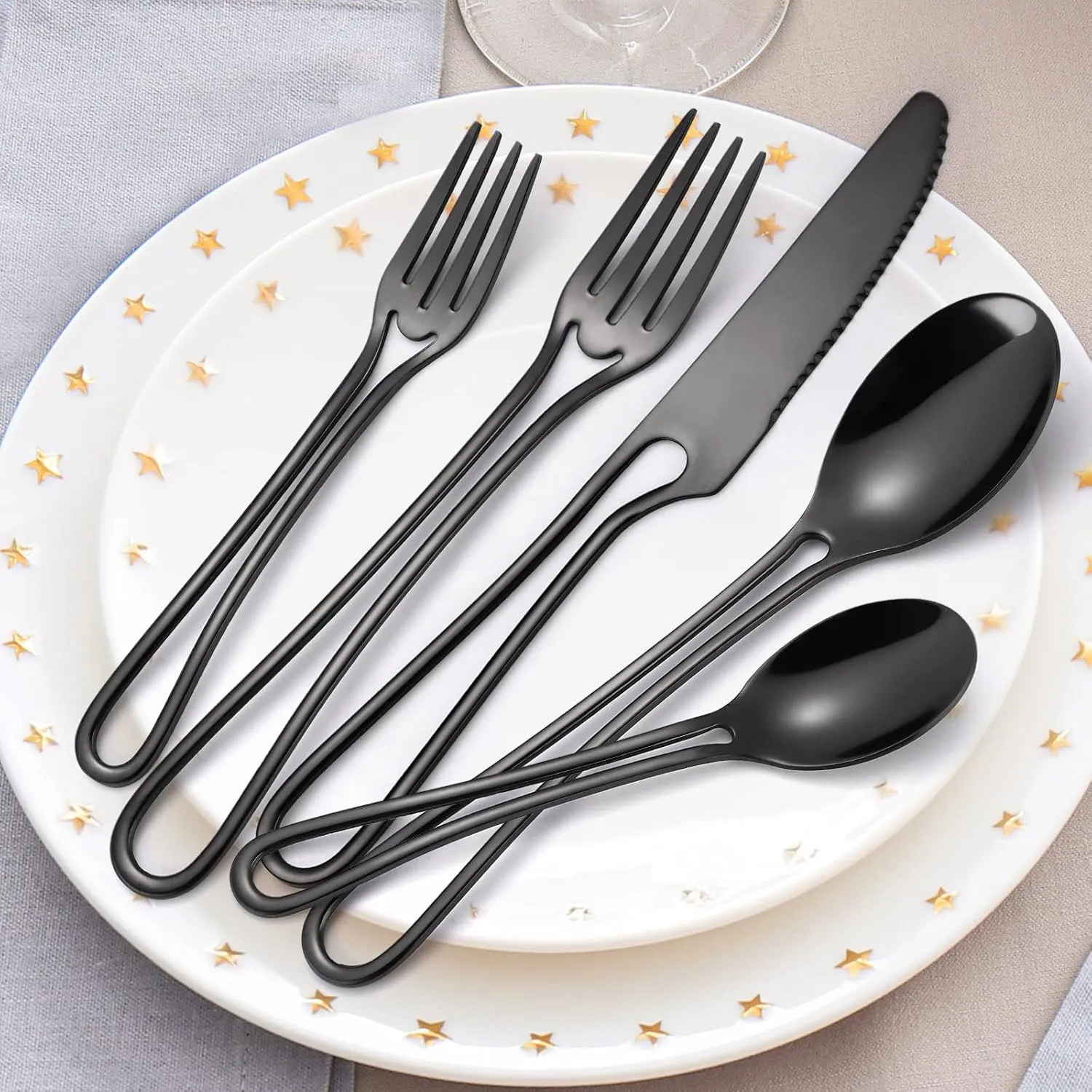 Black Silverware Set for 8, Modern 40 Piece Flatware Stainless Steel Hanging Fine Utensils Cutlery Set,Tableware include Knife Fork Spoon for Family Gatherings & Daily Use Wedding (Hollow Out Handle)