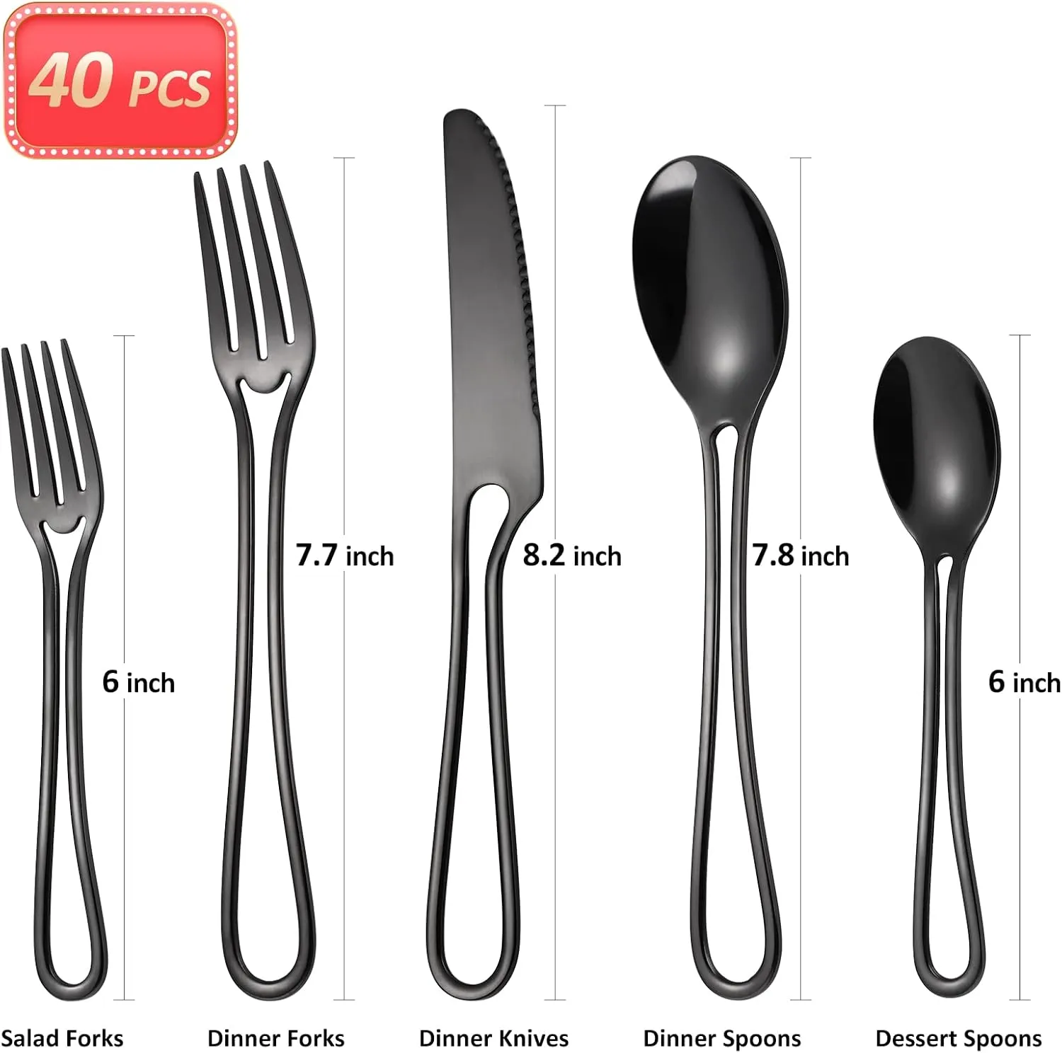Black Silverware Set for 8, Modern 40 Piece Flatware Stainless Steel Hanging Fine Utensils Cutlery Set,Tableware include Knife Fork Spoon for Family Gatherings & Daily Use Wedding (Hollow Out Handle)