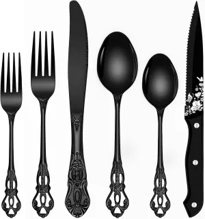 Black Silverware Set For 8, Ollex 48 PCS Retro Royal Silverware Flatware Set with Black Spoons Forks Knives Set, Mirror Polished Stainless Steel vintage Utensils Set, Dishwasher Safe