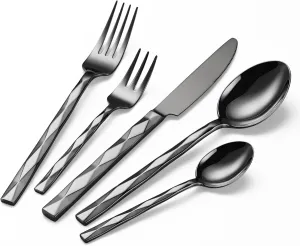 Black Silverware Set, Luxury 30-Piece Flatware Set for 6, Cutlery Set Stainless Steel, Diamond Cut Pattern, Home, Wedding & Party, 18/10 Stainless Steel Tablewaret & Dishwasher Safe Utensils.