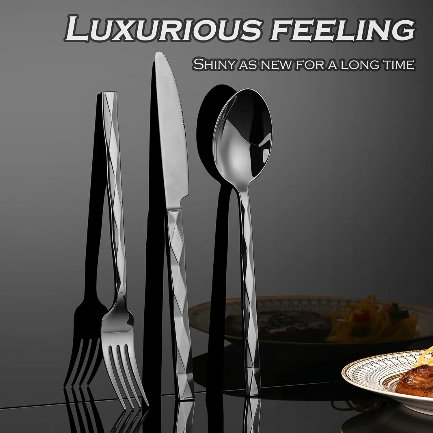 Black Silverware Set, Luxury 30-Piece Flatware Set for 6, Cutlery Set Stainless Steel, Diamond Cut Pattern, Home, Wedding & Party, 18/10 Stainless Steel Tablewaret & Dishwasher Safe Utensils.