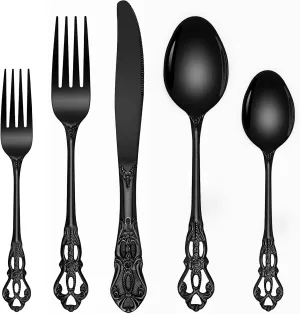 Black Silverware Set, Ollex 30-Piece Retro Royal Flatware Set for 6 with Fork Spoons and Knives Stainless Vintage Utensils Set for Kitchen/Party Tableware Cutlery Set, Dishwasher Safe