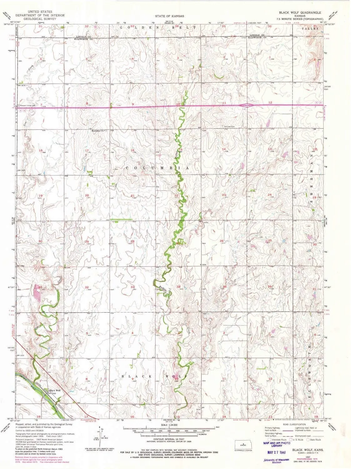 Black Wolf KS topo map, 1:24000 Scale, 7.5 X 7.5 Minute, Historical, 1957, Updated 1980, 27.08 x 21.11 in