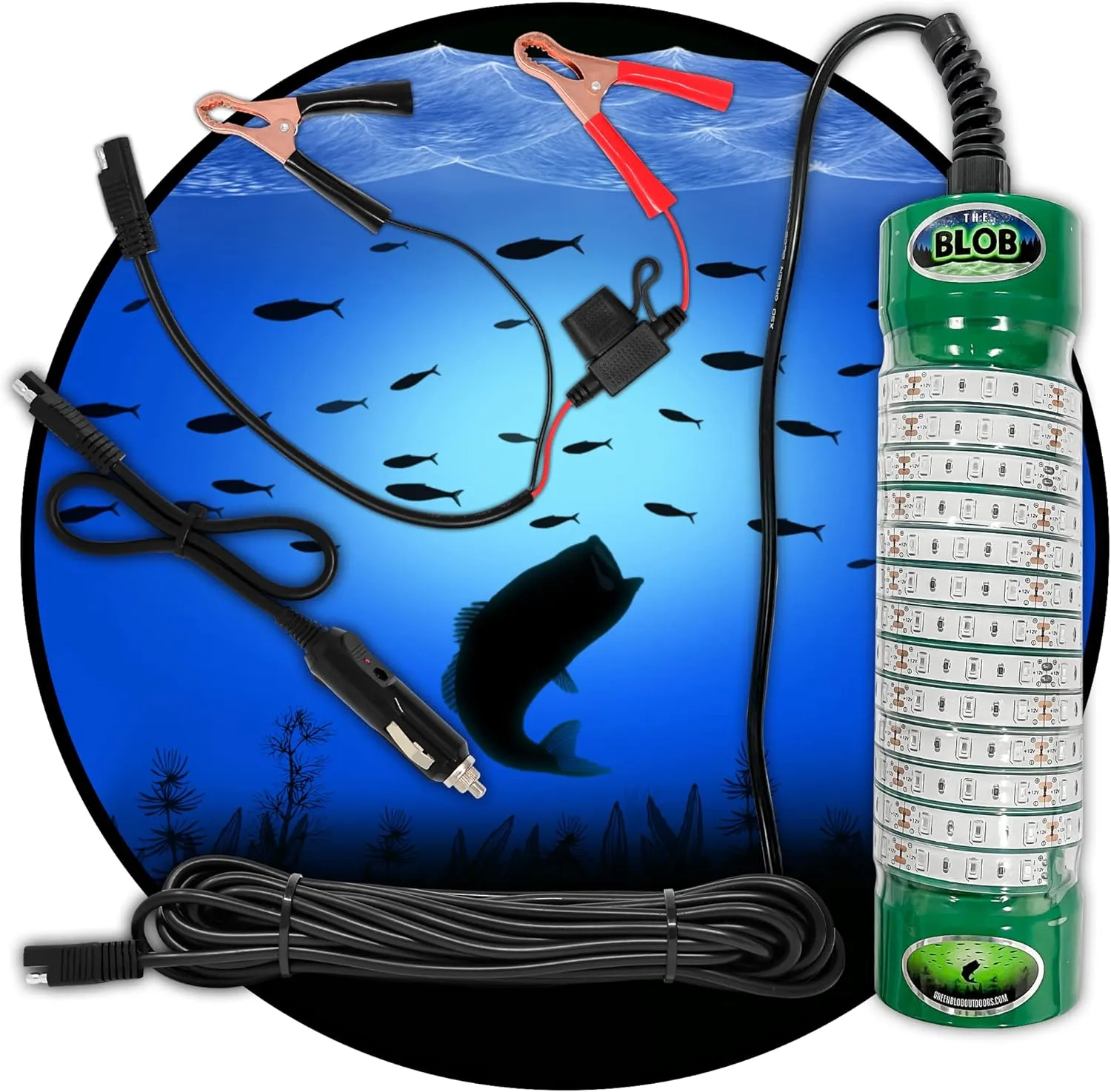Blue Blob 7500 Lumens Underwater Fishing LED Light 12 Volt with QD Alligator Clips and Cigarette Lighter Adapters Fish Attracting Saltwater IP68 Waterproof Snook Tarpon Crappie Squid, Made in Texas