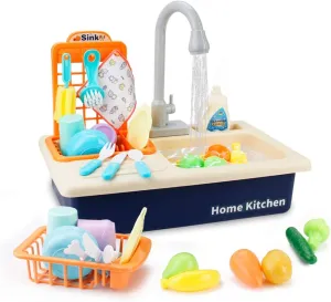 BOBXIN Play Sink with Running Water, Kids Play Kitchen Toy Sink Electric Dishwasher, Pretend Role Play Kitchen Toys Set with Upgraded Working Faucet and Dishes Playset for Girls, Toddler and Boys