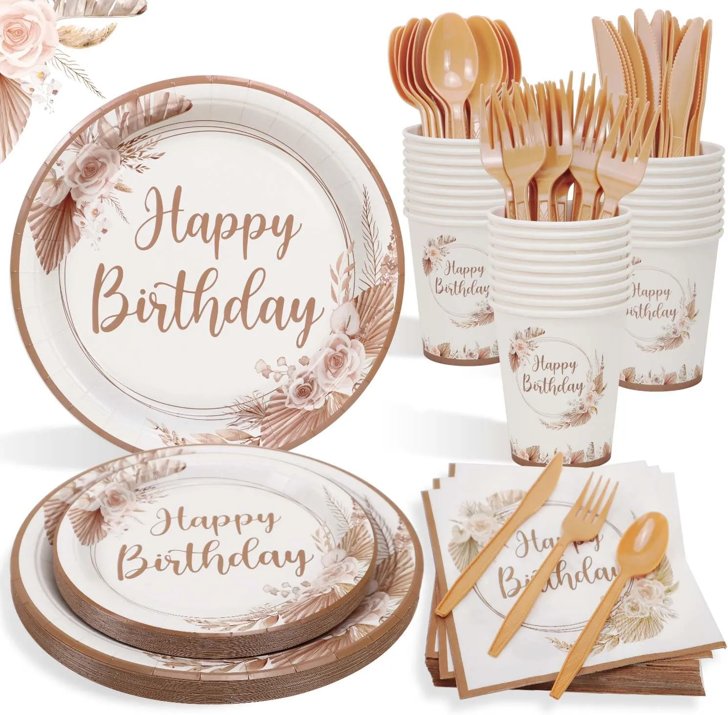 Boho Birthday Decorations Plates Set for 25 Guests,175Pcs Neutral Birthday Paper Plates Napkins Cups Cutlery Set for Women Girls