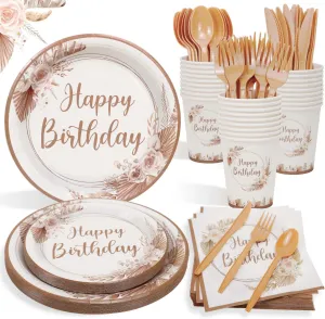 Boho Birthday Decorations Plates Set for 25 Guests,175Pcs Neutral Birthday Paper Plates Napkins Cups Cutlery Set for Women Girls