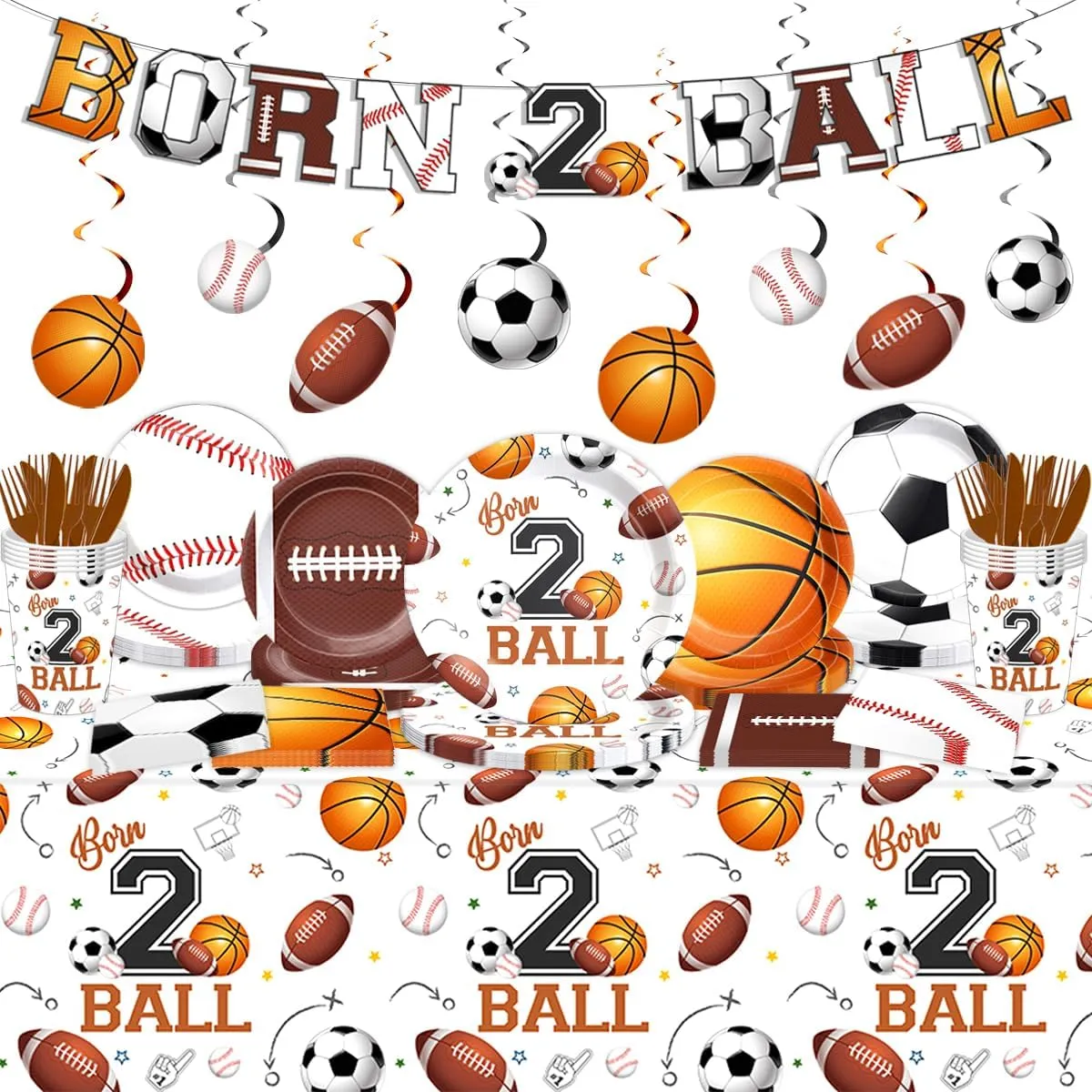 Born Two Ball Birthday Decorations-152Pcs Boys 2nd Birthday Plates and Napkins Kit Sports Theme Basketball Football Baseball Soccer Tableware for 2 year old Birthday Party