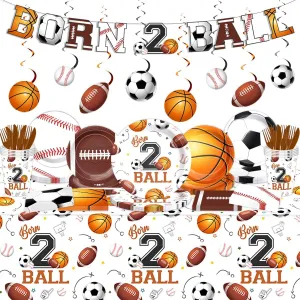 Born Two Ball Birthday Decorations-152Pcs Boys 2nd Birthday Plates and Napkins Kit Sports Theme Basketball Football Baseball Soccer Tableware for 2 year old Birthday Party