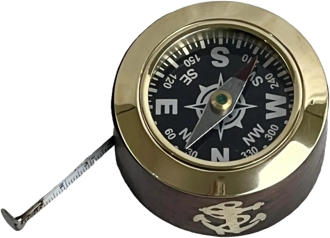 Brass Compass with Measuring Tape in Wooden Case – Compact Antique-Style Navigation & Measurement Tool, 6 x 6 x 4 cm