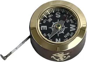 Brass Compass with Measuring Tape in Wooden Case – Compact Antique-Style Navigation & Measurement Tool, 6 x 6 x 4 cm