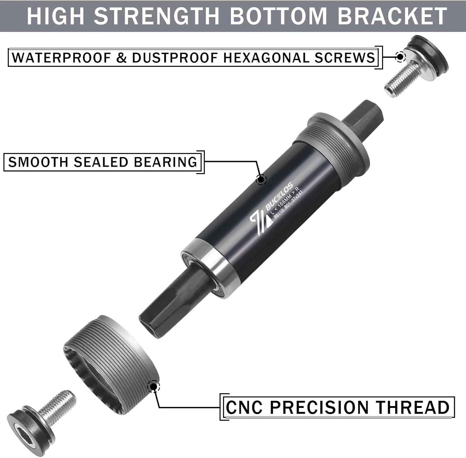 BUCKLOS Bike Square Taper Bottom Bracket - 68/80/90/100/110/120x110.5 113 116 118 122.5 127 140 152 156 166 174mm Bicycle BSA Brackets for Mountain/MTB/Road/Fat Bike/Ebike