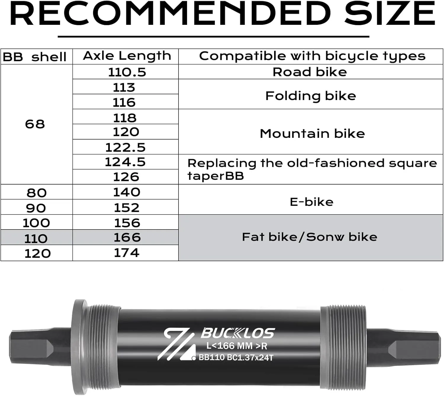 BUCKLOS Bike Square Taper Bottom Bracket - 68/80/90/100/110/120x110.5 113 116 118 122.5 127 140 152 156 166 174mm Bicycle BSA Brackets for Mountain/MTB/Road/Fat Bike/Ebike