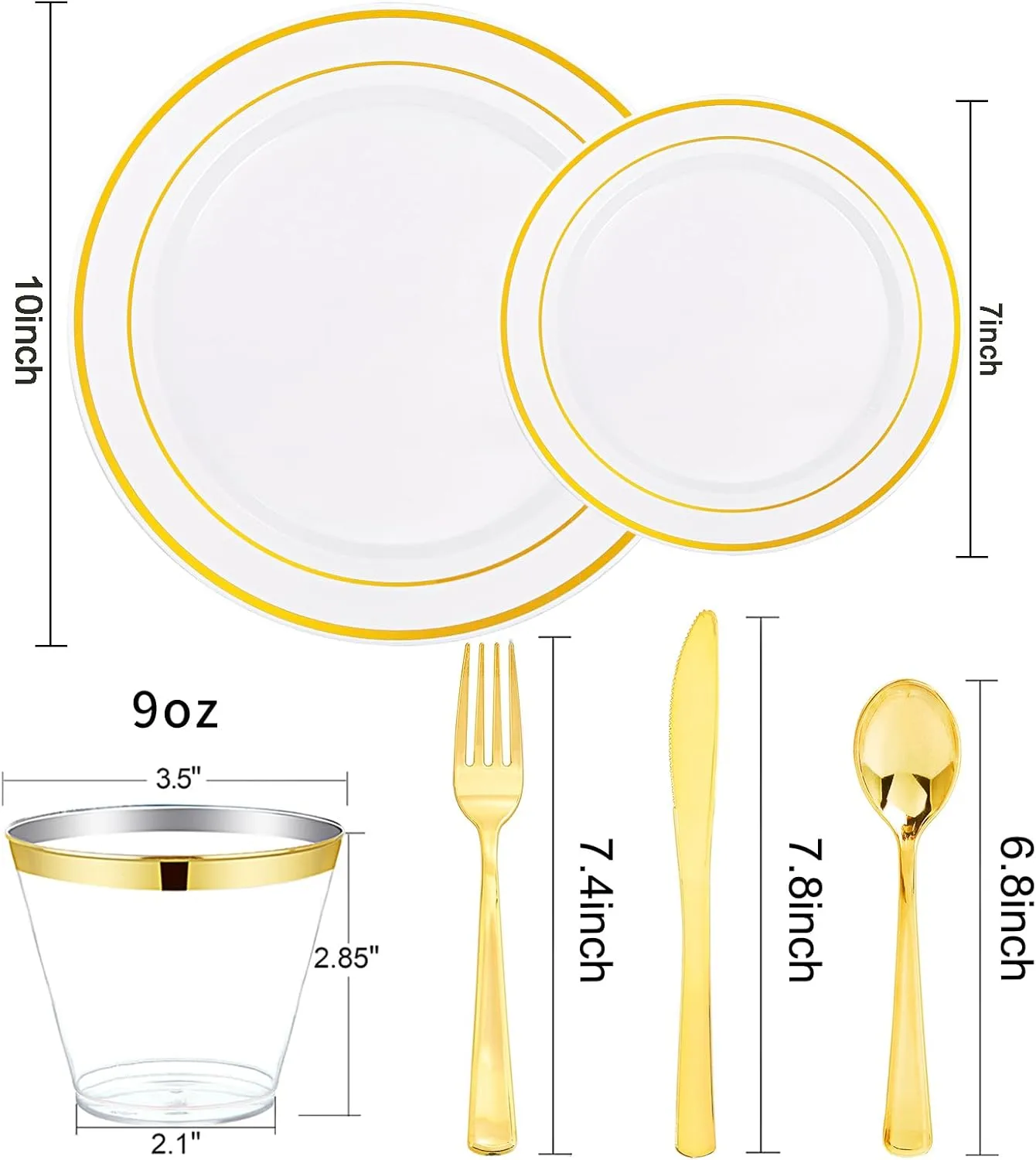 bUCLA 300PCS Gold Disposable Dinnerware Set - White and Gold Plastic Plates Dinnerware 50 Guests - Include 50 Dinner Plates,50 Dessert Plates,50 Knives,50 Forks,50 Spoons,50 Cups for Party&Wedding