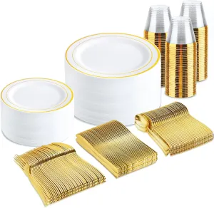 bUCLA 300PCS Gold Disposable Dinnerware Set - White and Gold Plastic Plates Dinnerware 50 Guests - Include 50 Dinner Plates,50 Dessert Plates,50 Knives,50 Forks,50 Spoons,50 Cups for Party&Wedding