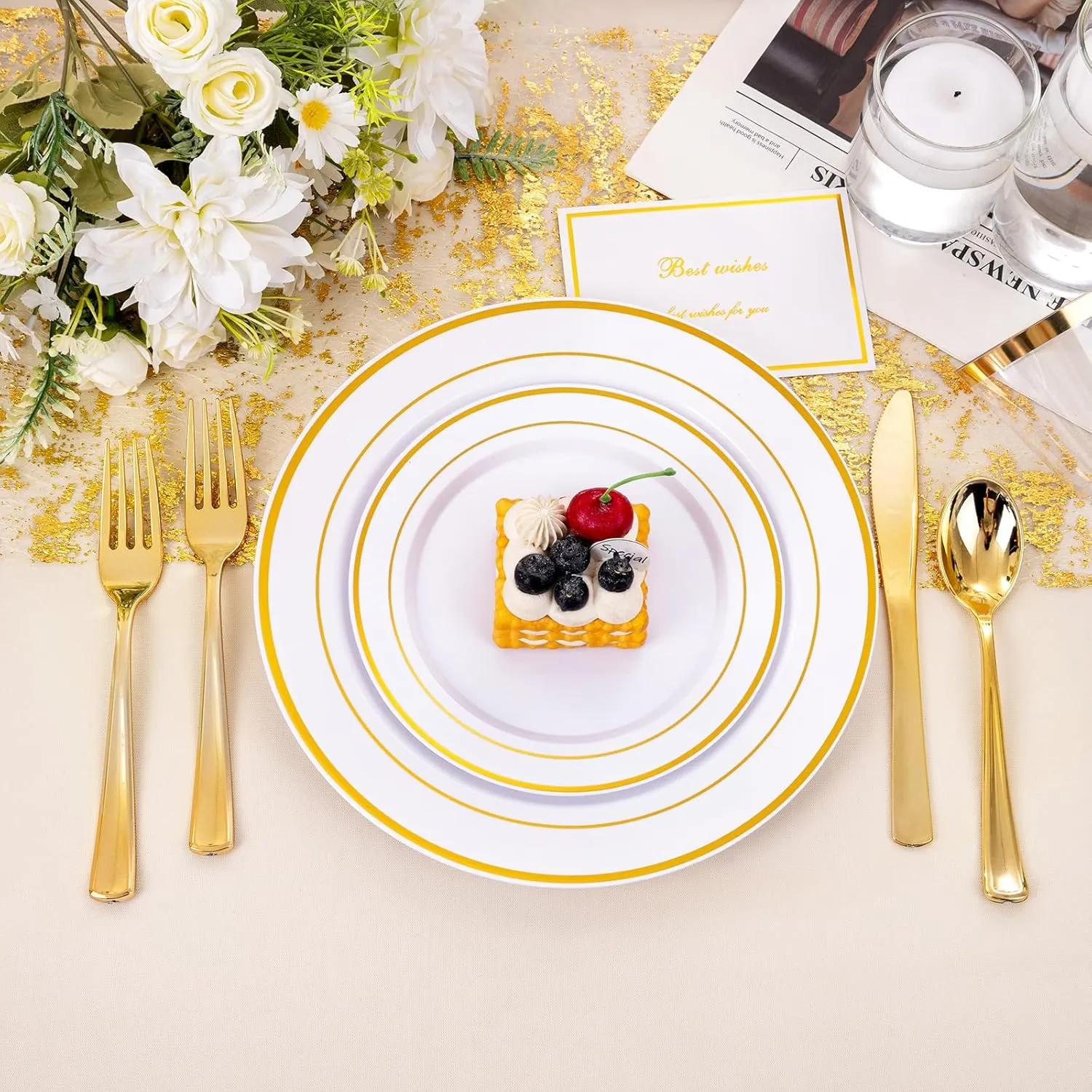 bUCLA 300PCS Gold Disposable Dinnerware Set - White and Gold Plastic Plates Dinnerware 50 Guests - Include 50 Dinner Plates,50 Dessert Plates,50 Knives,50 Forks,50 Spoons,50 Cups for Party&Wedding