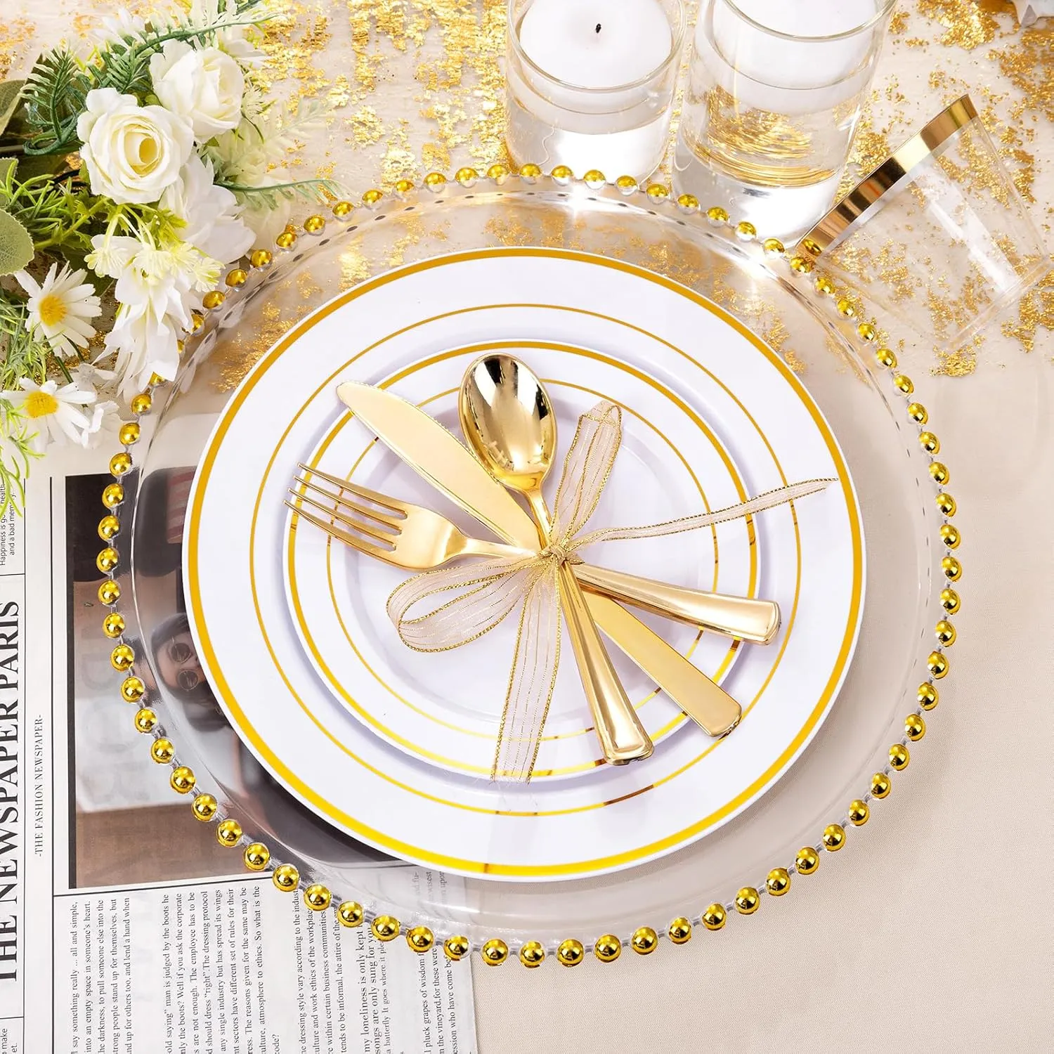 bUCLA 300PCS Gold Disposable Dinnerware Set - White and Gold Plastic Plates Dinnerware 50 Guests - Include 50 Dinner Plates,50 Dessert Plates,50 Knives,50 Forks,50 Spoons,50 Cups for Party&Wedding