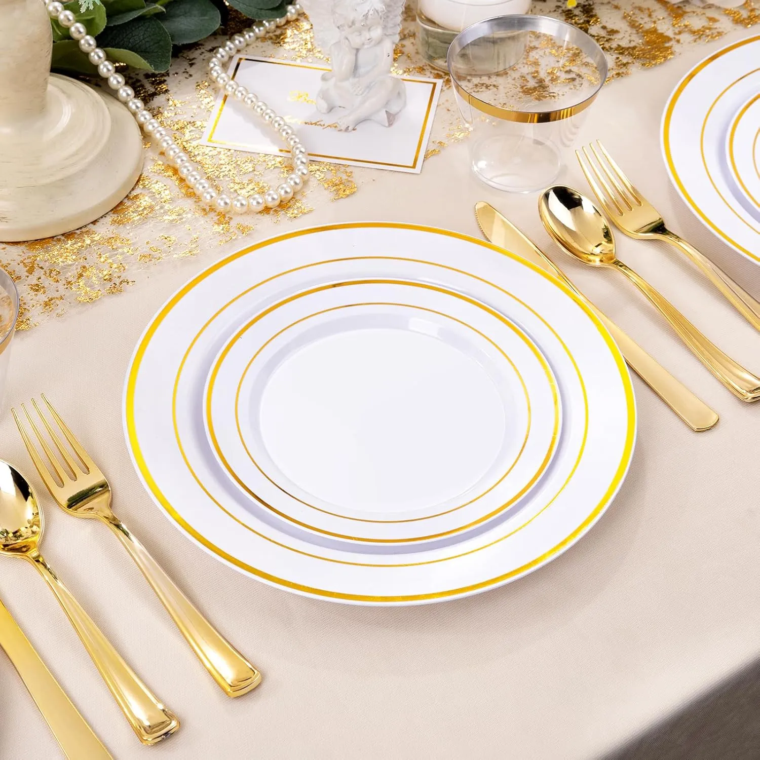 bUCLA 300PCS Gold Disposable Dinnerware Set - White and Gold Plastic Plates Dinnerware 50 Guests - Include 50 Dinner Plates,50 Dessert Plates,50 Knives,50 Forks,50 Spoons,50 Cups for Party&Wedding