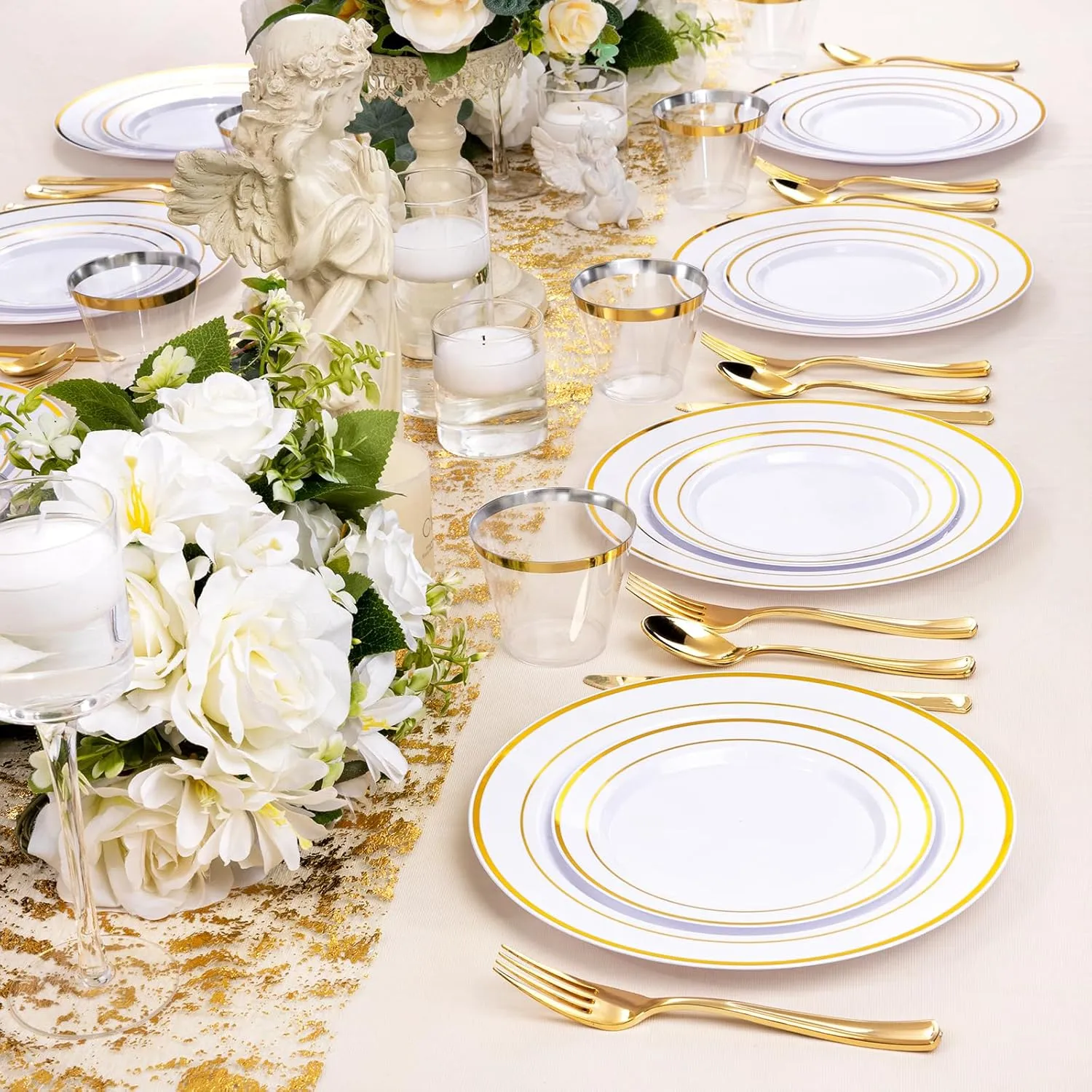bUCLA 300PCS Gold Disposable Dinnerware Set - White and Gold Plastic Plates Dinnerware 50 Guests - Include 50 Dinner Plates,50 Dessert Plates,50 Knives,50 Forks,50 Spoons,50 Cups for Party&Wedding