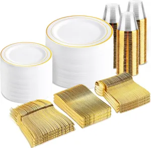 bUCLA 600Pcs Gold Dinnerware Set for 100 Guests - White and Gold Plastic Plates Disposable for party Include 100 Dinner & 100 Dessert Plates,100 Cups,100 Forks,100 Spoons,100 Knives