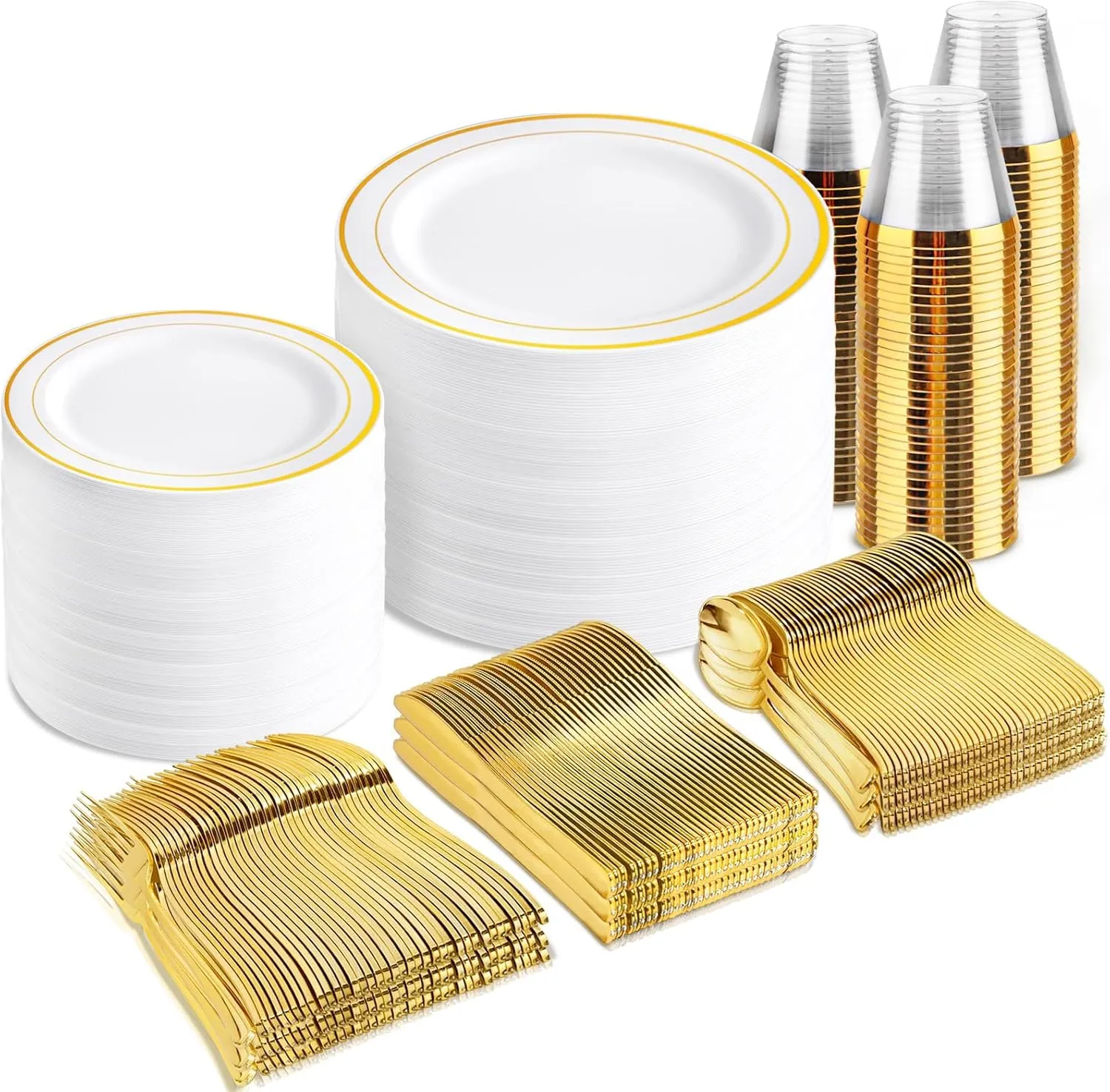 bUCLA 600Pcs Gold Dinnerware Set for 100 Guests - White and Gold Plastic Plates Disposable for party Include 100 Dinner & 100 Dessert Plates,100 Cups,100 Forks,100 Spoons,100 Knives