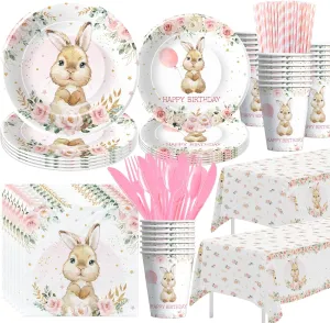 Bunny Birthday Decorations Tableware, Bunny Party Supplies, Paper Plate, Cup, Napkin, Tablecloth, Cutlery, Rabbit Bunny Party Decorations For Easter 1st 2nd Birthday, Serves 24