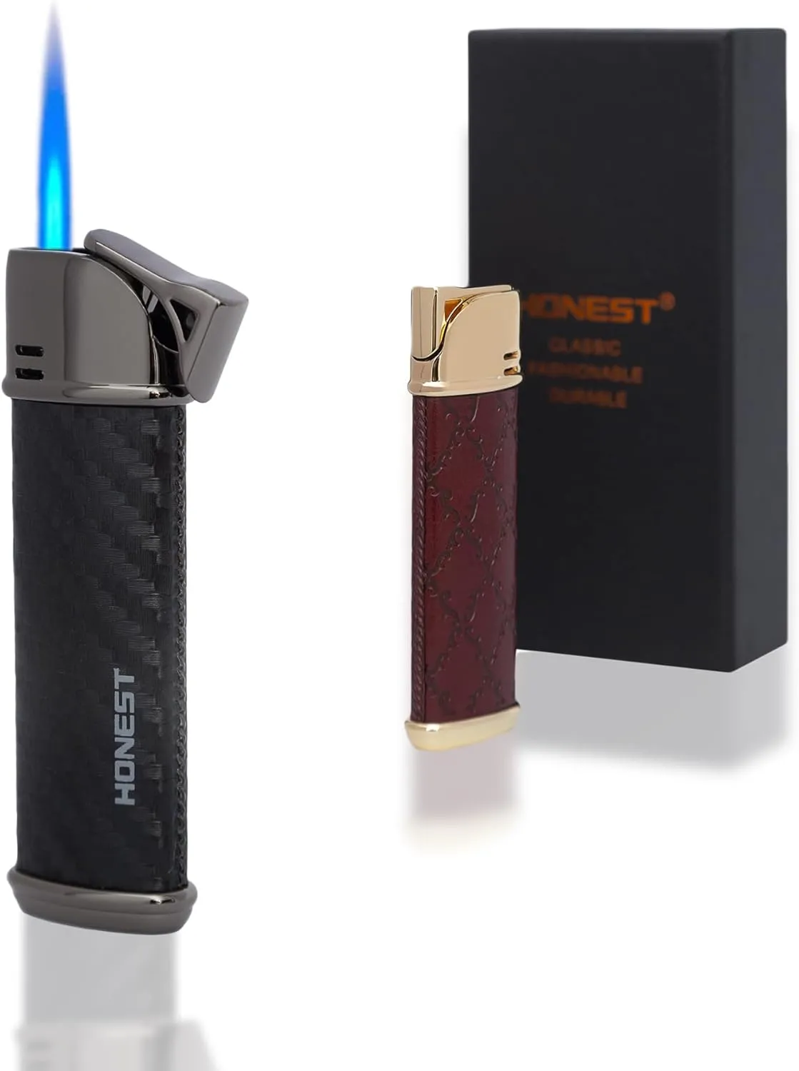 Butane Torch Lighter Leather Body 2 Pack Single Jet Flame Windproof Gift Box (red Black)