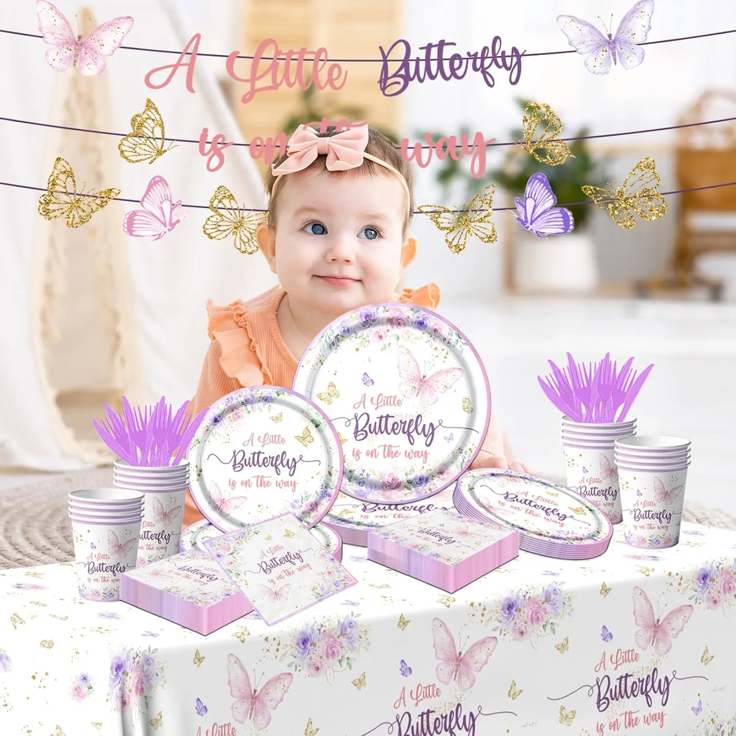 Butterfly Baby Shower Tableware Set Decoration,A Little Butterfly Is On Her Way Baby Shower Plates and Napkins Supplies Include Tablecloth Banner Cups for Purple Floral Butterfly Spring Theme for Girl