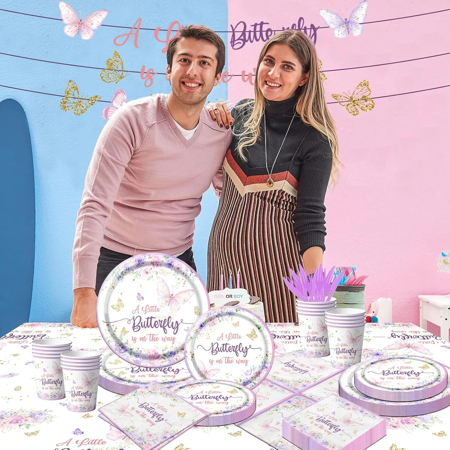 Butterfly Baby Shower Tableware Set Decoration,A Little Butterfly Is On Her Way Baby Shower Plates and Napkins Supplies Include Tablecloth Banner Cups for Purple Floral Butterfly Spring Theme for Girl