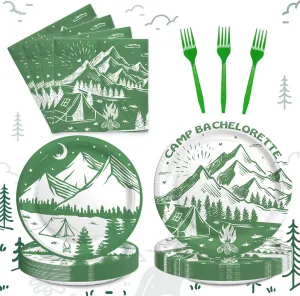 Camp Bachelorette Supplies Tableware Set, Last Trail Before the Veil Bachelorette Decor, Green Camping Bachelorette Party Decorations, Camp Theme Plates, Napkins, Forks, Serves 24 Guests