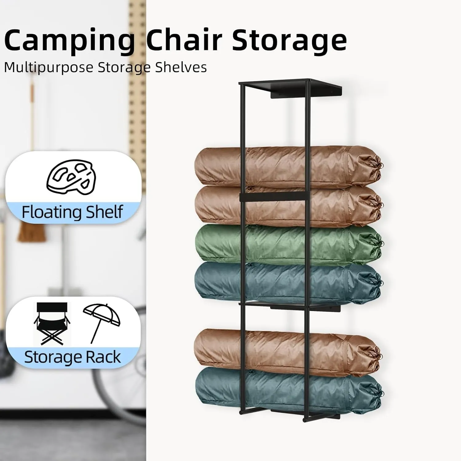 Camping Chair Wall Storage for Garage, Metal Camping Chair Storage Rack Wall Holder, Double Layer Wall Mount, Stainless Steel, Beach Chair Rack, Umbrella Holder, Organizer, Black