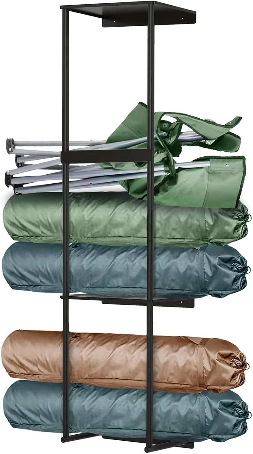Camping Chair Wall Storage for Garage, Metal Camping Chair Storage Rack Wall Holder, Double Layer Wall Mount, Stainless Steel, Beach Chair Rack, Umbrella Holder, Organizer, Black