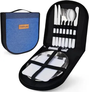 Camping Mess Kit,12 Piece Silverware Kit Cutlery Organizer Utensil Picnic Set, Stainless Steel Plate Spoon Fork Serrated & Butter Knife Wine Opener Napkin，Camp Kitchen & Hiking