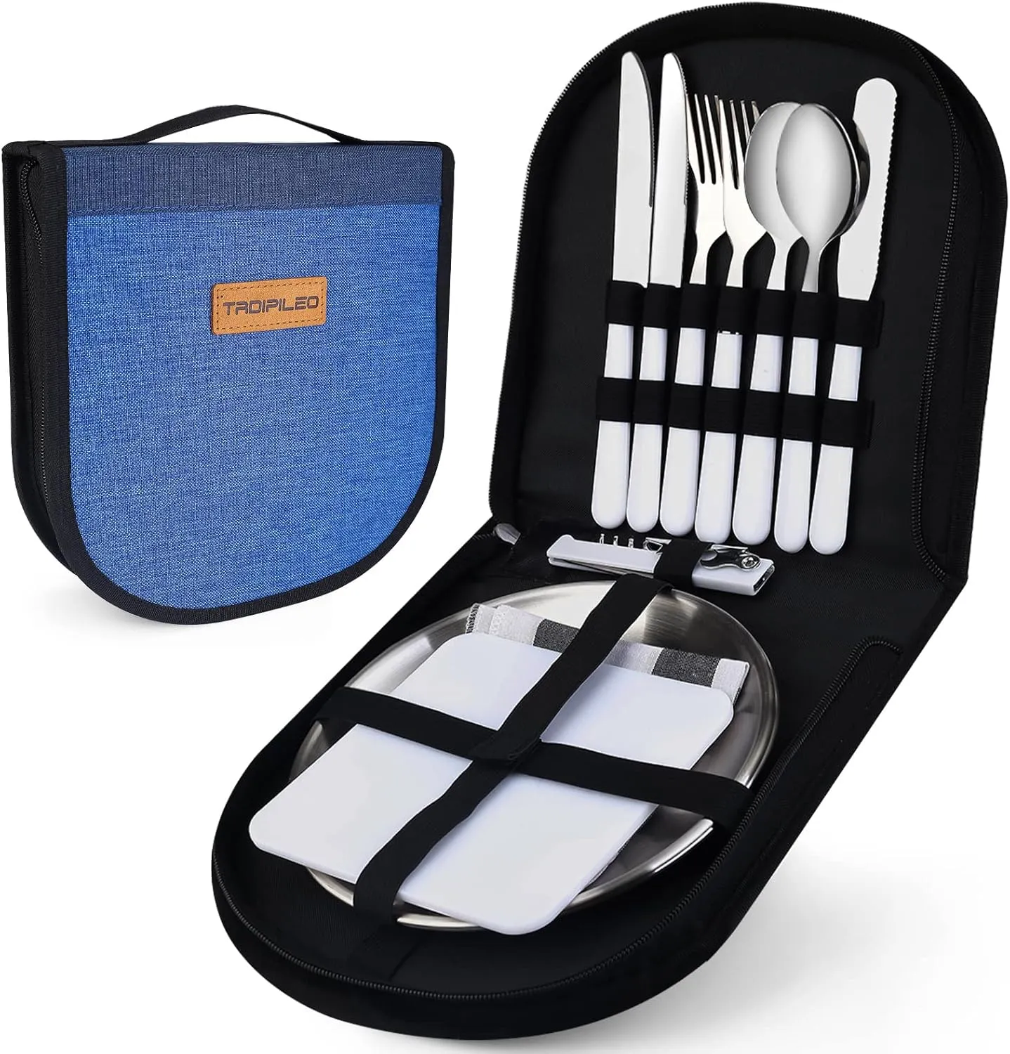 Camping Mess Kit,12 Piece Silverware Kit Cutlery Organizer Utensil Picnic Set, Stainless Steel Plate Spoon Fork Serrated & Butter Knife Wine Opener Napkin，Camp Kitchen & Hiking