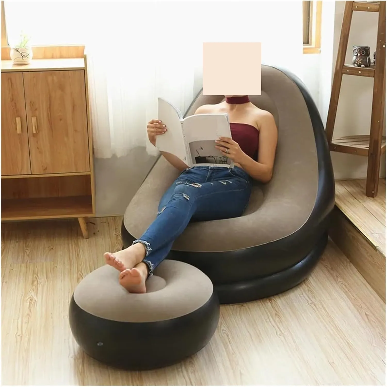 Camping Outfit Inflatable Lazy Sofa with Pedal Folding Recliner Outdoor and Indoor Bed Flocking Chair Beach Camping Garden Fashionable (Color : Black Lazy Sofa)
