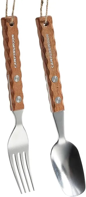 Camping Picnic BBQ Stainless Steel Tableware Set Scalding Wood Handle Fork and Spoon Kit