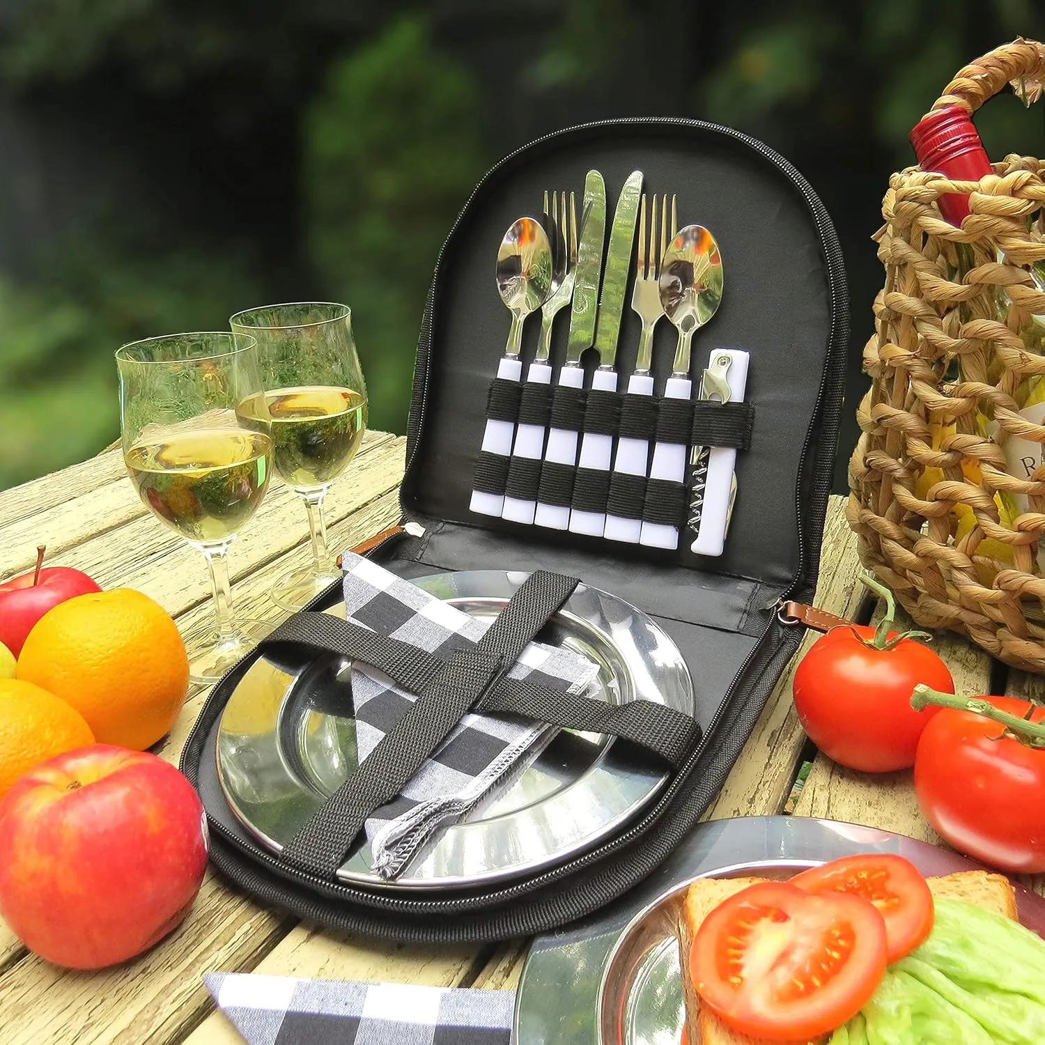 Camping Silverware Set with Case, 11 Pcs Camping Mess Kit with Stainless Steel Plates, Picnic Set for 2, Travel Silverware Set, Camping Utensils for Eating, Portable Cutlery Set