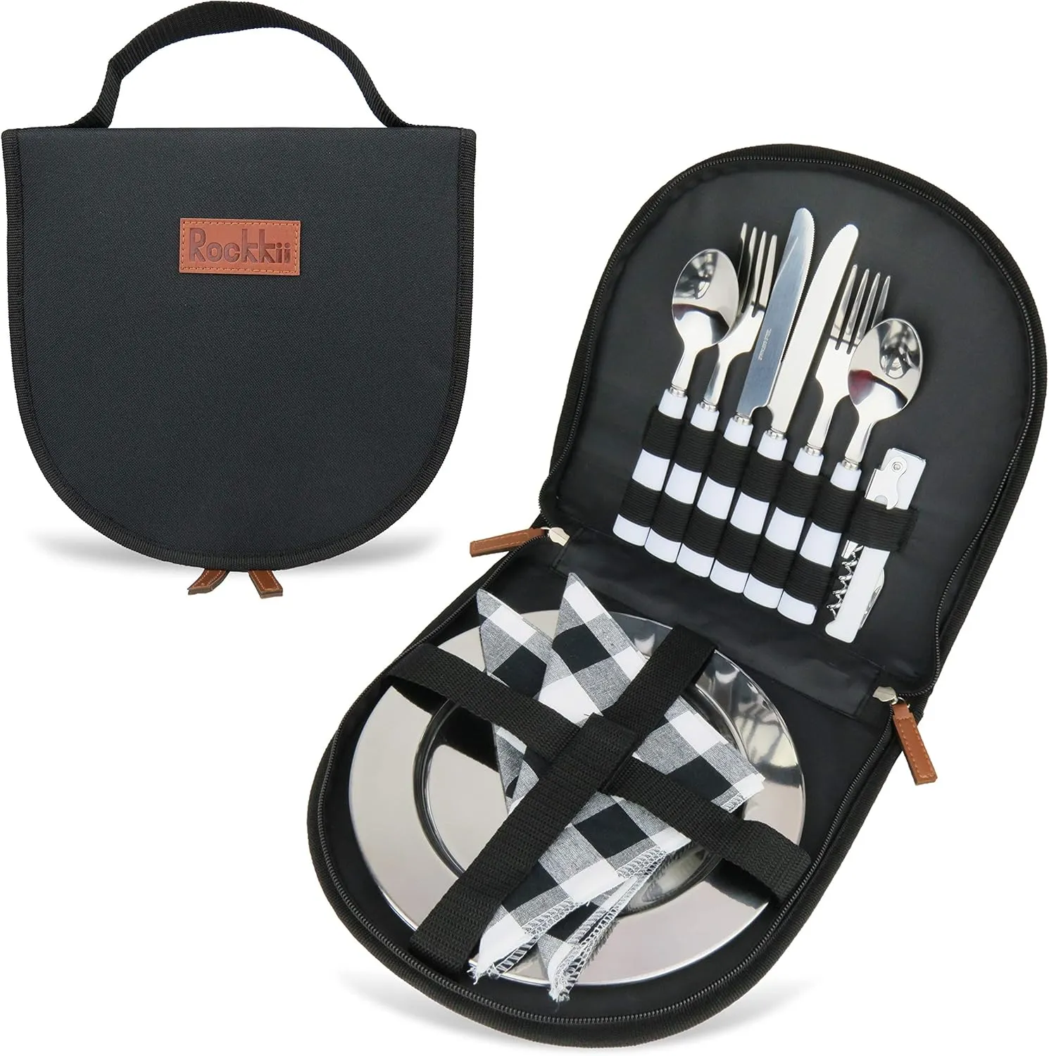 Camping Silverware Set with Case, 11 Pcs Camping Mess Kit with Stainless Steel Plates, Picnic Set for 2, Travel Silverware Set, Camping Utensils for Eating, Portable Cutlery Set