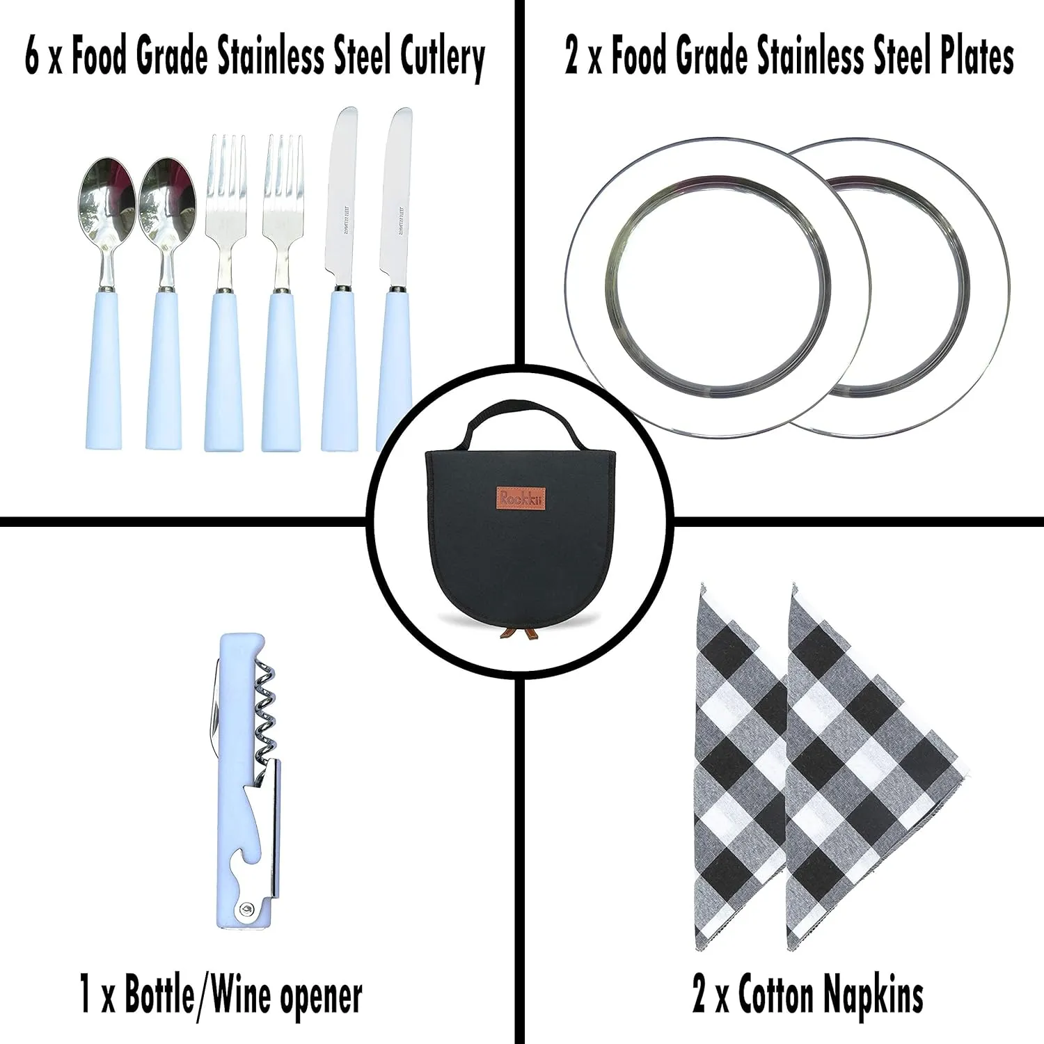 Camping Silverware Set with Case, 11 Pcs Camping Mess Kit with Stainless Steel Plates, Picnic Set for 2, Travel Silverware Set, Camping Utensils for Eating, Portable Cutlery Set