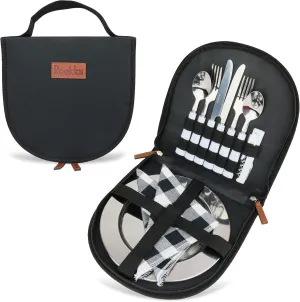 Camping Silverware Set with Case, 11 Pcs Camping Mess Kit with Stainless Steel Plates, Picnic Set for 2, Travel Silverware Set, Camping Utensils for Eating, Portable Cutlery Set