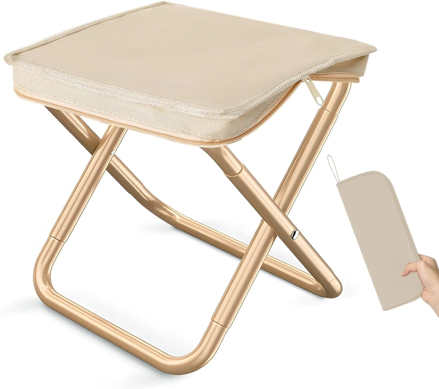Camping Stool, Portable Folding Stool, Aluminum Zipper Packed Folding Stool Suitable,for Picnic, Camping, Fishing, Outing, Traveling, Beach(Khaki)
