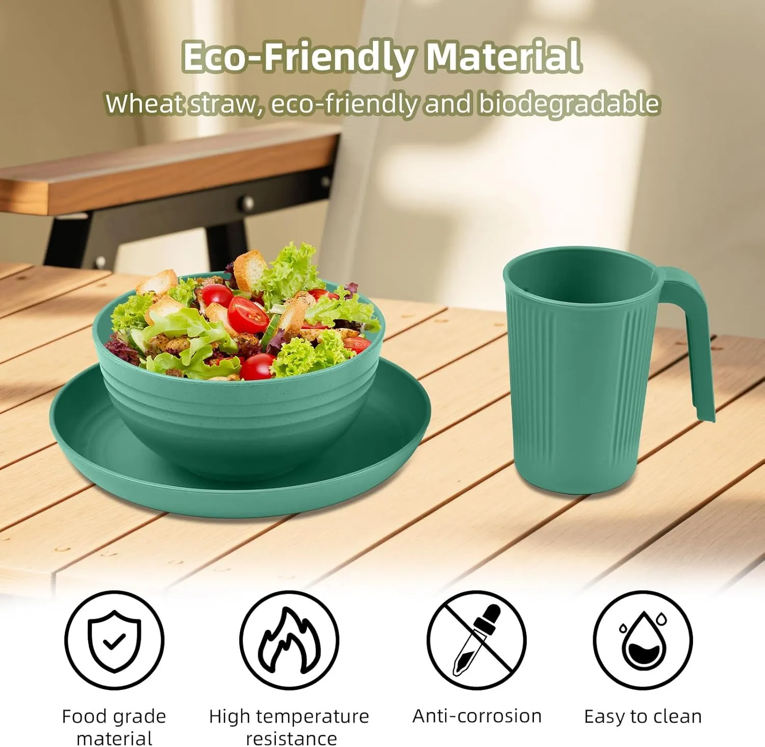 Camping Utensils Set for 2 Portable Wheat St Mess Kit with Bowl Plate Cup Fork Spoon Tableware and Picnicware