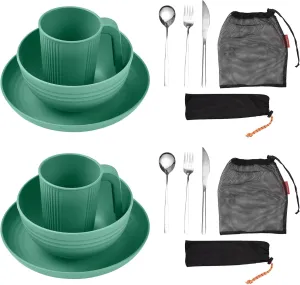 Camping Utensils Set for 2 Portable Wheat St Mess Kit with Bowl Plate Cup Fork Spoon Tableware and Picnicware