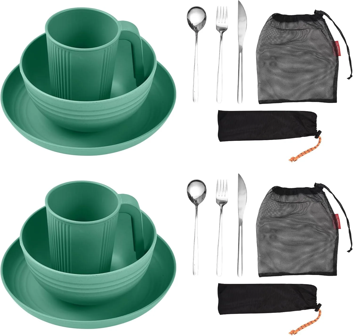 Camping Utensils Set for 2 Portable Wheat St Mess Kit with Bowl Plate Cup Fork Spoon Tableware and Picnicware