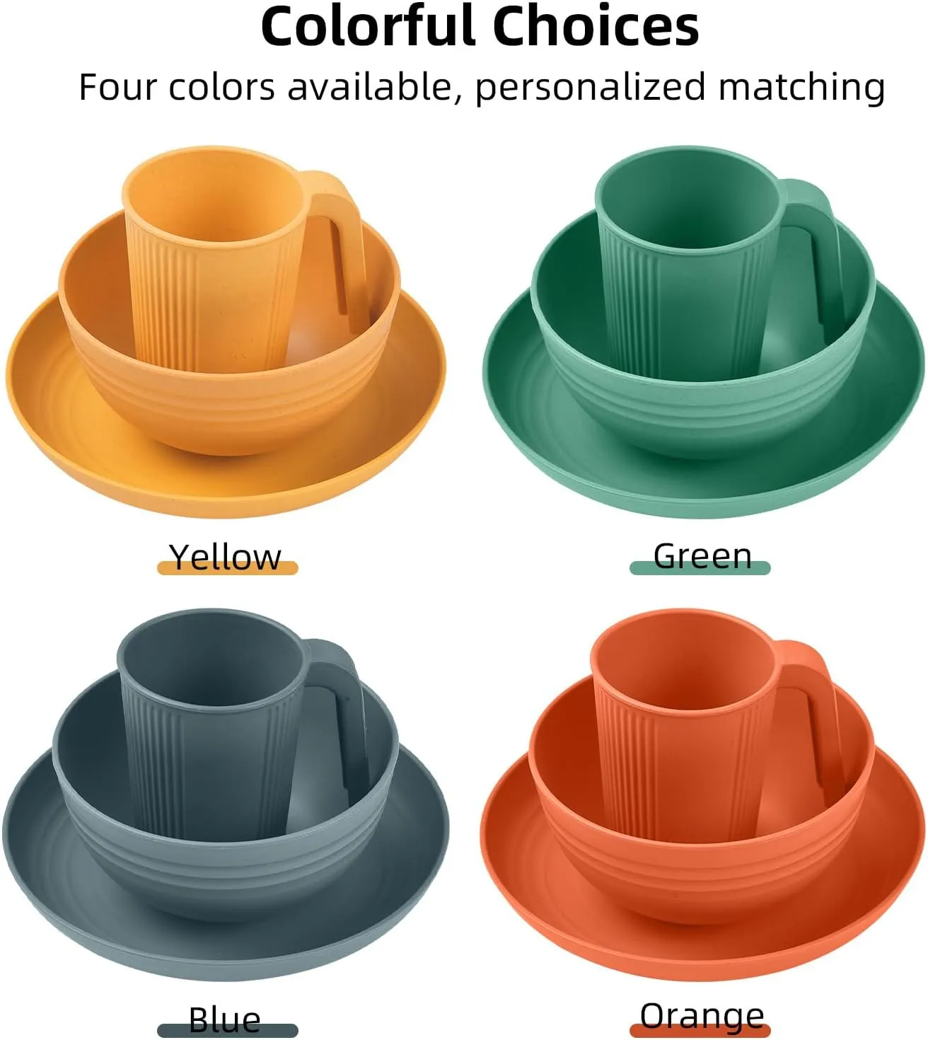 Camping Utensils Set for 2 Portable Wheat St Mess Kit with Bowl Plate Cup Fork Spoon Tableware and Picnicware