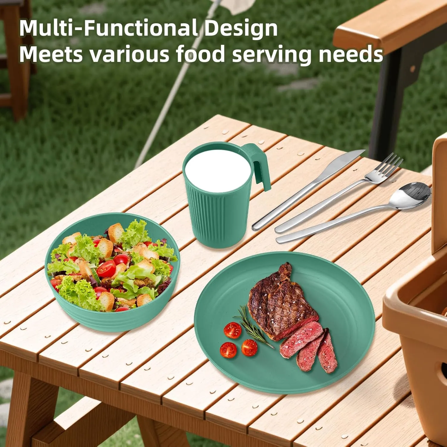 Camping Utensils Set for 2 Portable Wheat St Mess Kit with Bowl Plate Cup Fork Spoon Tableware and Picnicware